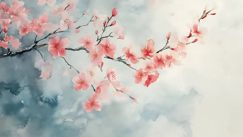 Soft cherry blossoms drifting across a quiet sky.