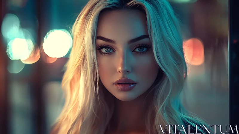 Blonde woman portrait rendered with neon city bokeh lighting