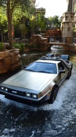 DeLorean time machine replica driving through shallow canal water