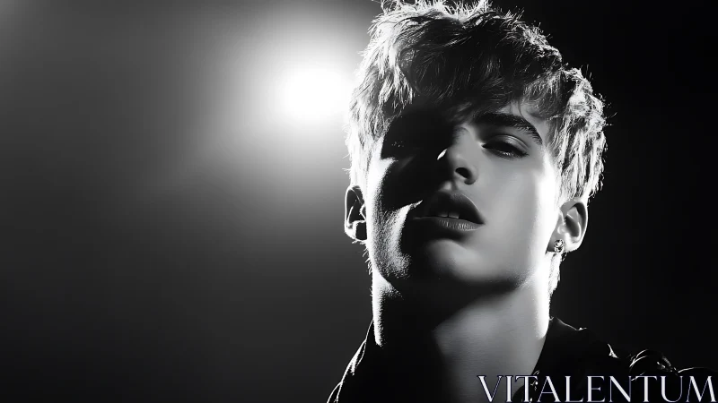 Moody black and white portrait bathed in soft studio glow.