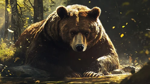 Gentle forest bear resting by a golden sunlit stream.