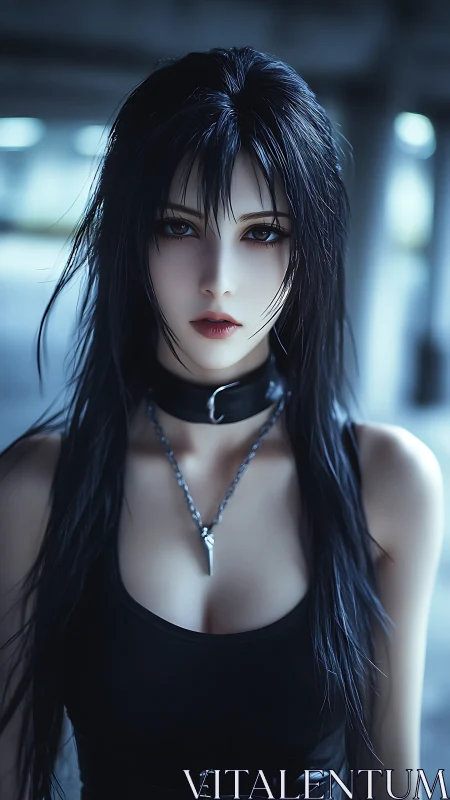 Gothic anime woman stands in cool blue urban light