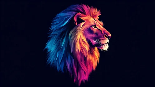 Profile view shows stylized neon lion rendered on dark field