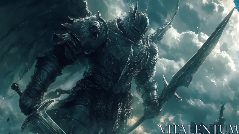 Armored dark knight dominates storm-lit fantasy battlements