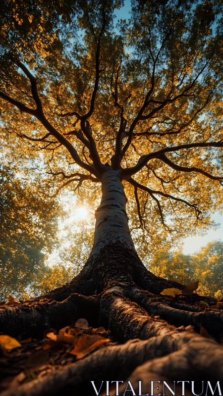 Low-angle view records tall tree trunk and branching canopy