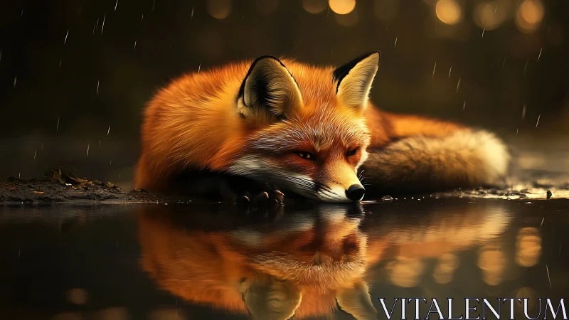 Gentle fox resting by a rain-kissed golden forest pool.