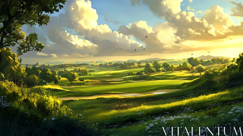 Sunlit digital landscape over rolling green countryside fields.