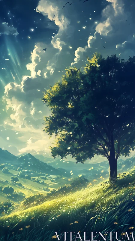 Sunlit hillside tree beneath dramatic painterly skies.