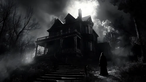 Photorealistic nocturne of a decaying Victorian haunted house.