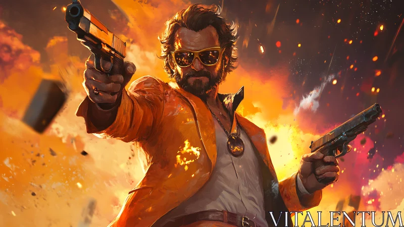 Male figure with dual pistols in orange suit amid explosion.
