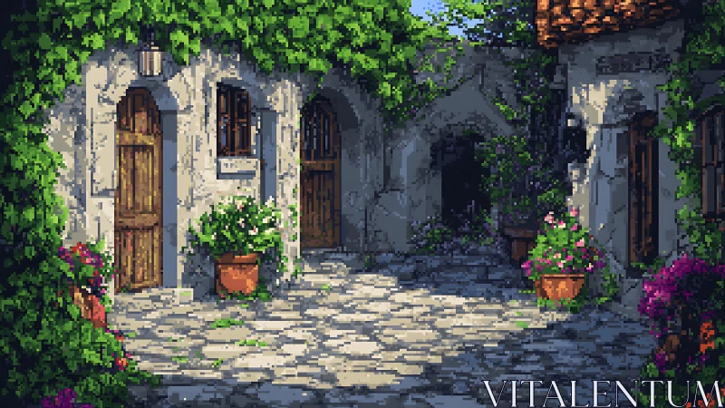 Sunlit pixel village courtyard glows with vines and flowers