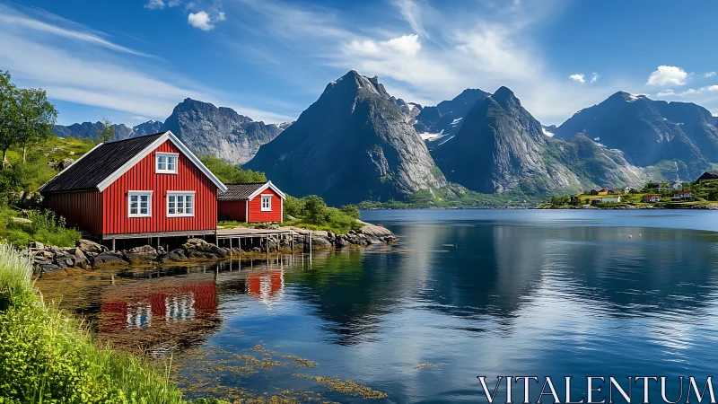 Scarlet fjord cabins mirrored beneath towering Nordic peaks.
