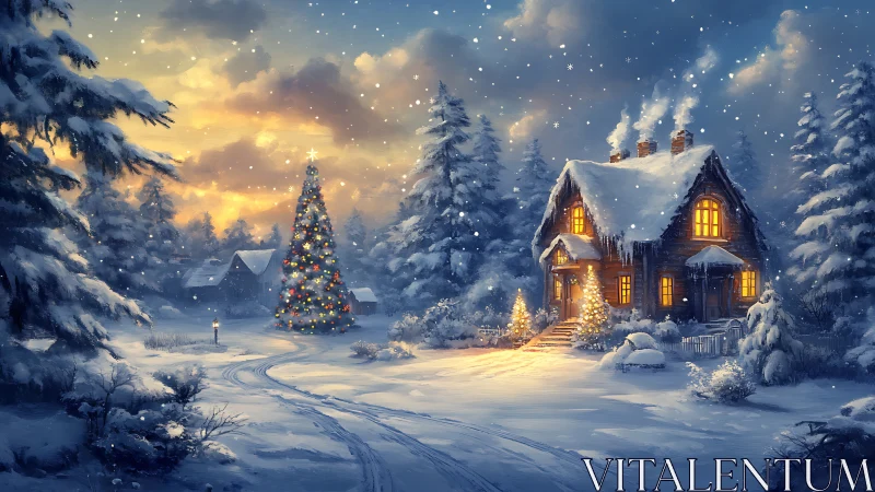 Snow-covered cottage and lit tree stand in winter landscape