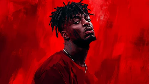 Defiant portrait of man against intense red painted backdrop