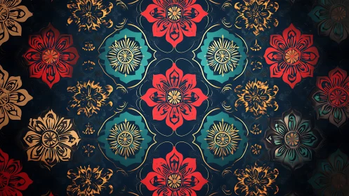 Ornate radial floral tessellation in teal, crimson and gold
