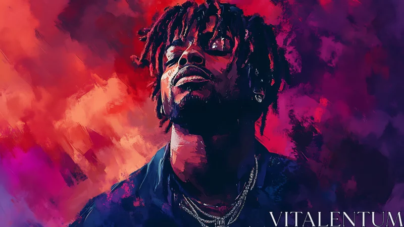 Expressive digital portrait of man with dreadlocks in neon haze