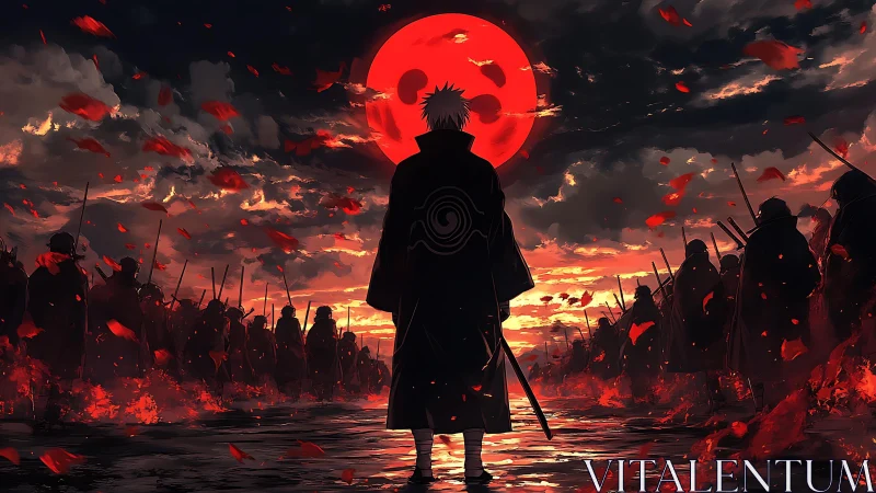 Silhouetted figure before red moon amid armed crowd.