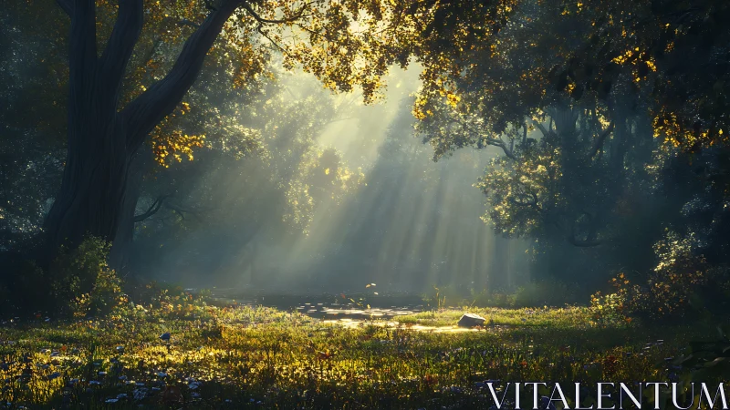 Volumetric sunbeams illuminating misted woodland clearing.