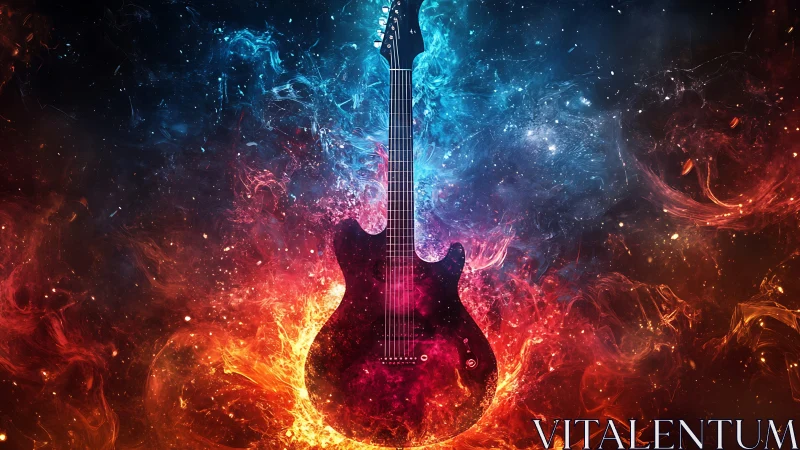 Fiery electric guitar glowing in vivid cosmic colors.