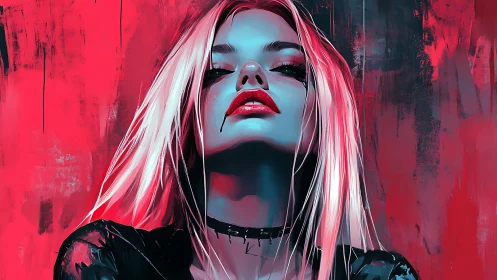 Confident punk woman portrait in bold neon red light.