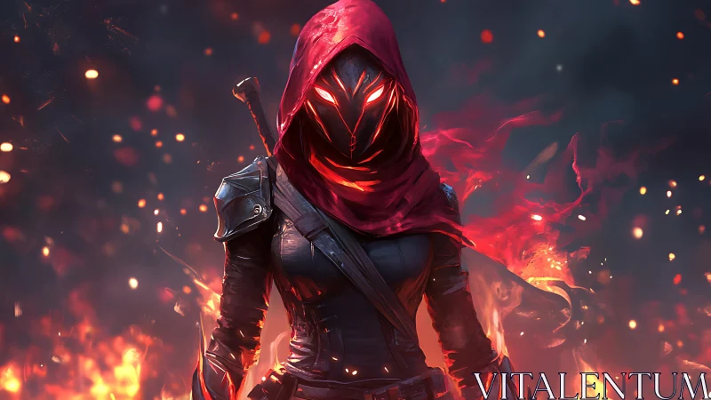 Hooded fire mage strides through glowing embers of dusk.