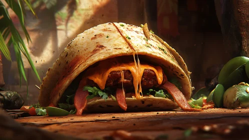 Layered taco sandwich with melted cheese and bacon folds