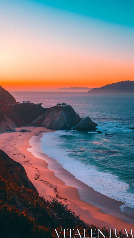 Dramatic cliffside beach coastline under vivid sunset sky.
