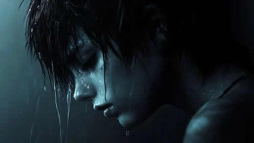 Quiet rainy moment holds a thoughtful face in soft shadow