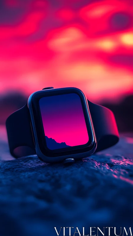 Smartwatch rests on stone under vivid neon sunset sky