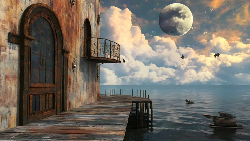 Rusted seafront balcony meets oversized moon above calm horizon