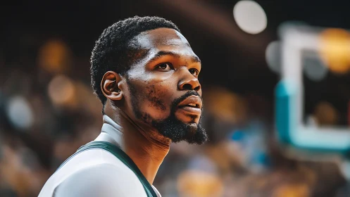 Arena sideline portrait isolates focused basketball player