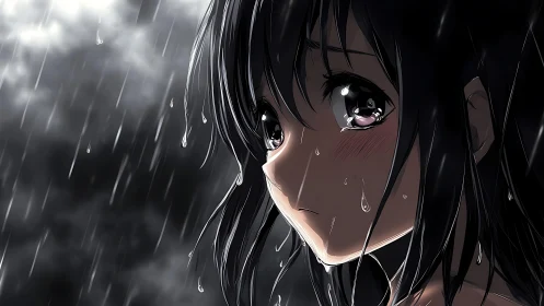 Profile view shows anime girl in heavy rainfall with wet face