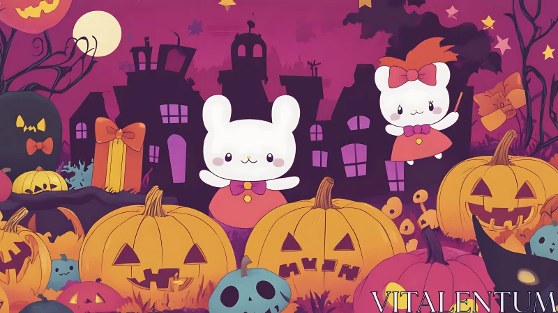 Cartoon rabbits in stylized Halloween pumpkin landscape.