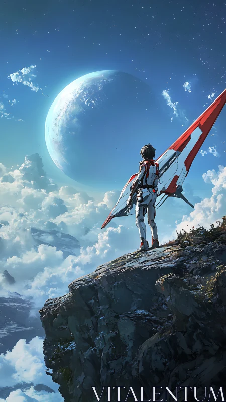 Solitary exosuited explorer overlooking distant blue world.