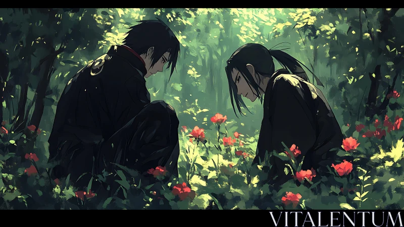 Quiet forest meeting among glowing flowers and soft light.