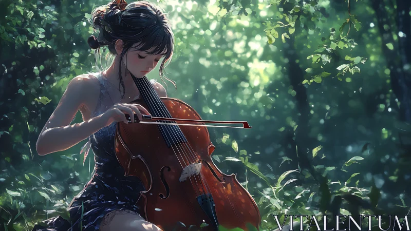 Young cellist performs in sunlit forest clearing setting