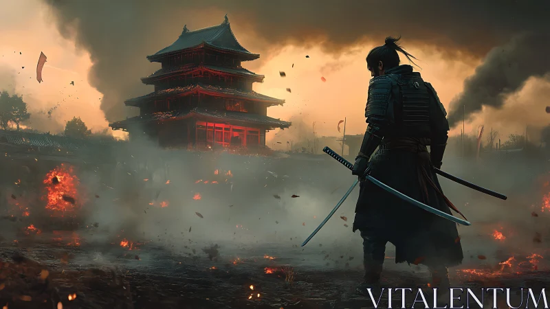 Lone armored samurai faces burning temple under smoky skies.
