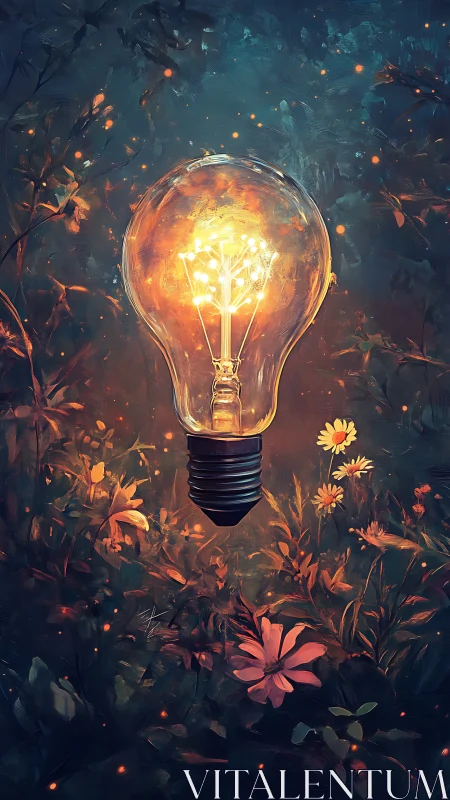 Illuminated glass bulb is suspended above dense wildflowers