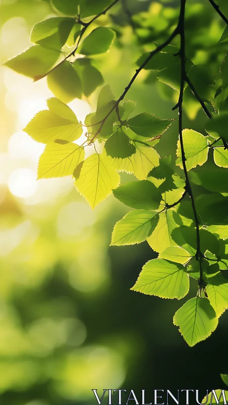 Sunlit green leaves glow softly in serene forest light.