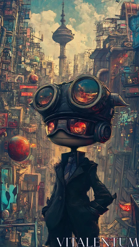 Goggle-headed character stands in dense futuristic cityscape
