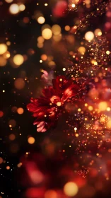 Red flower surrounded by glowing bokeh particles at night.