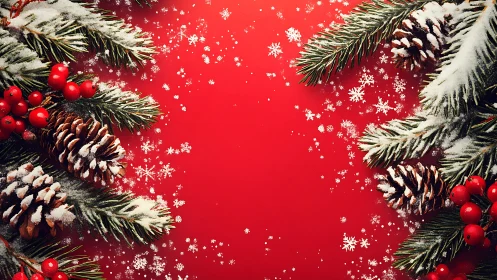 Snow-covered pine branches on red festive background.