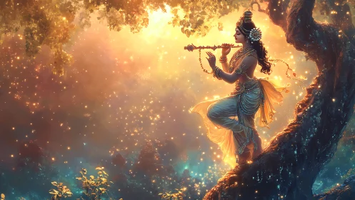 Celestial flute player bathing a twilight forest in starlight.