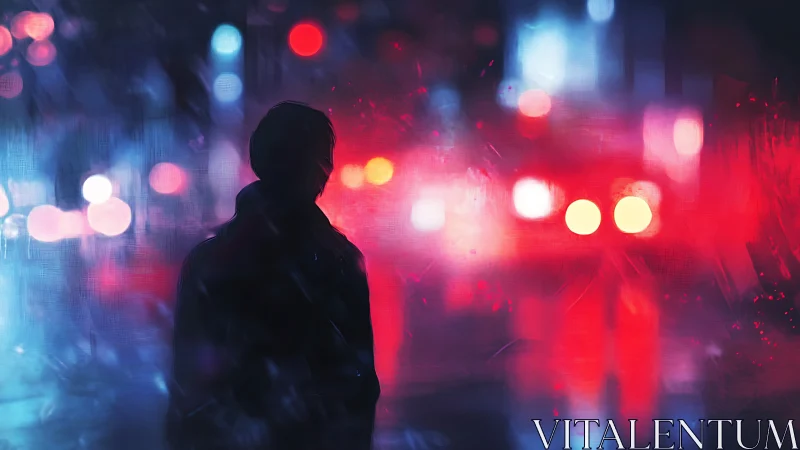 Silhouetted figure in neon-lensed nocturnal urban diffraction.