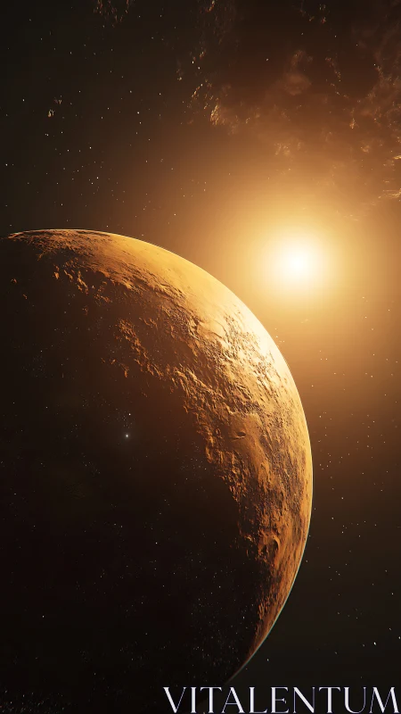 Cinematic 3D rendering of sunlit red planet in deep space.
