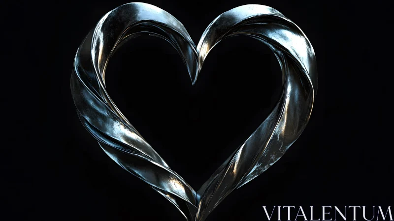 Twisted Metallic Heart on Black Background, Digital Art Style.