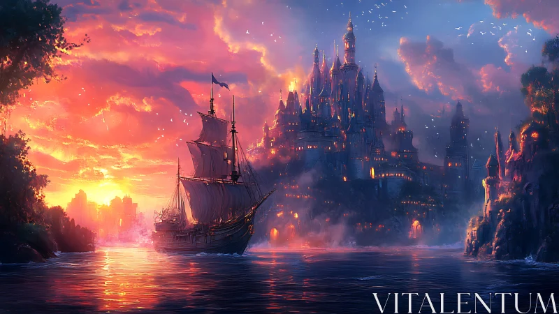 Sailing ship near illuminated cliffside castle at sunset.