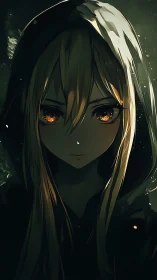 Hooded anime girl with glowing amber eyes in darkness.