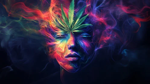 Psychedelic vapor portrait integrates cannabis leaf as neural crown