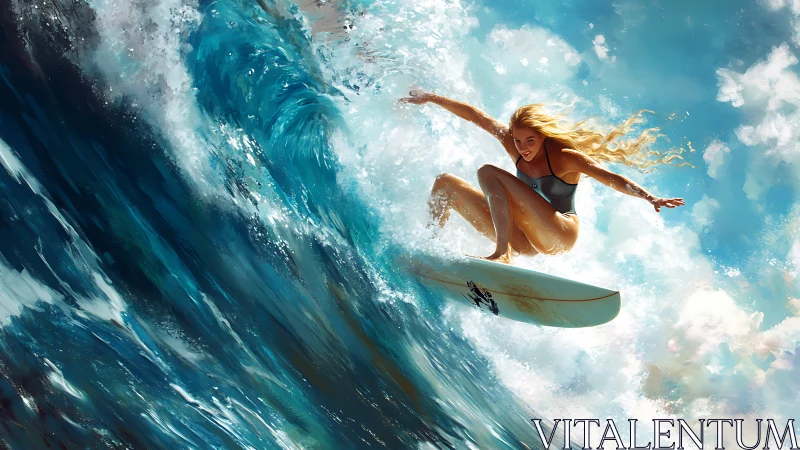 Dynamic digital painting of female surfer carving ocean wave